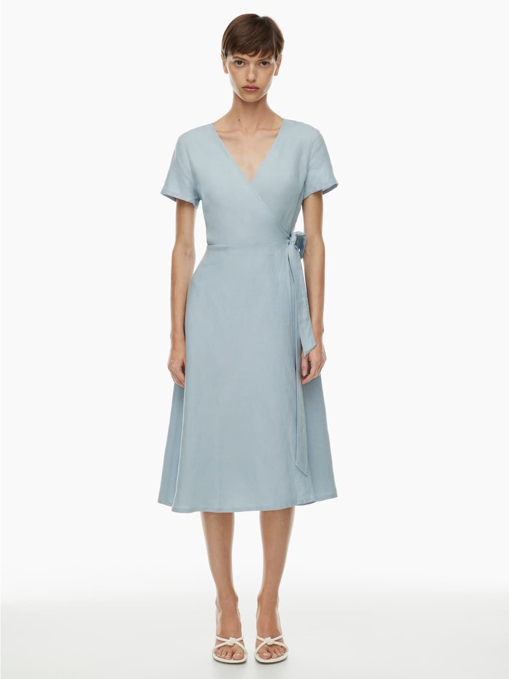 Aritzia Babaton Light Blue Tie Wrap Shortsleeve Linen Blend Dern Midi Dress